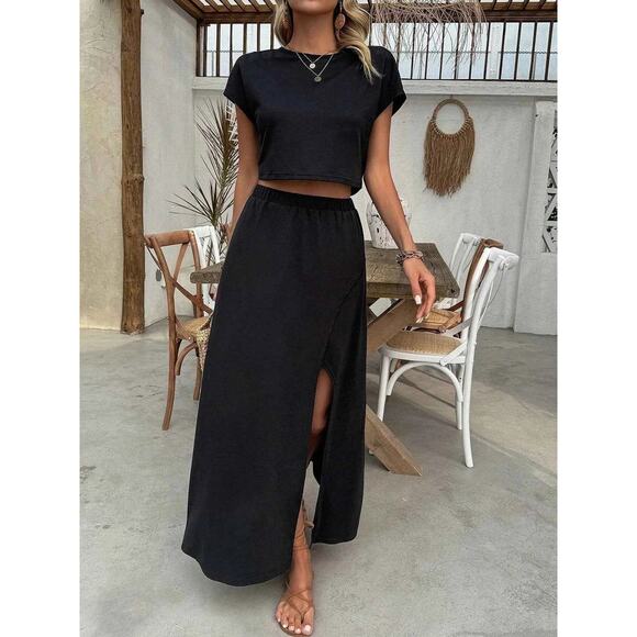 Round Neck Top and Slit Skirt Set - Picture 2 of 5